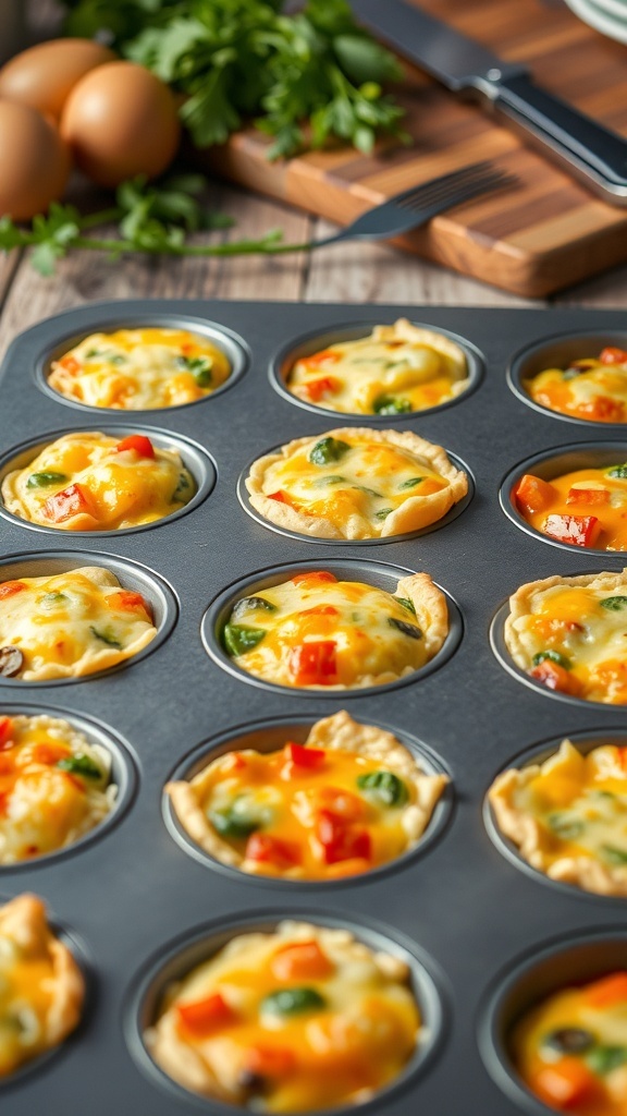 A tray of mini quiches in a muffin pan, filled with vegetables and cheese, ready to be served.